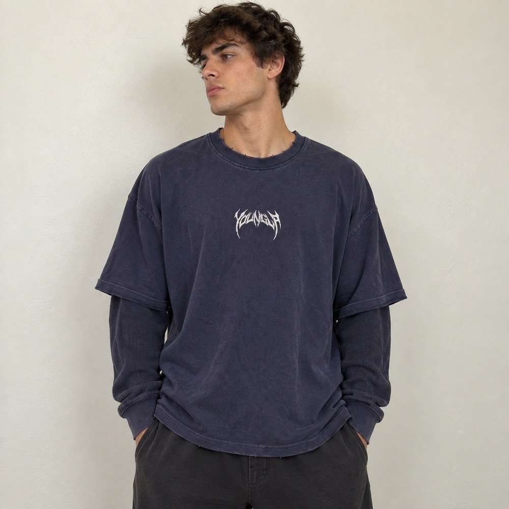YoungLA Mens Layered Tee Large Blue Distressed Waffle Sleeve Graphic Streetwear
